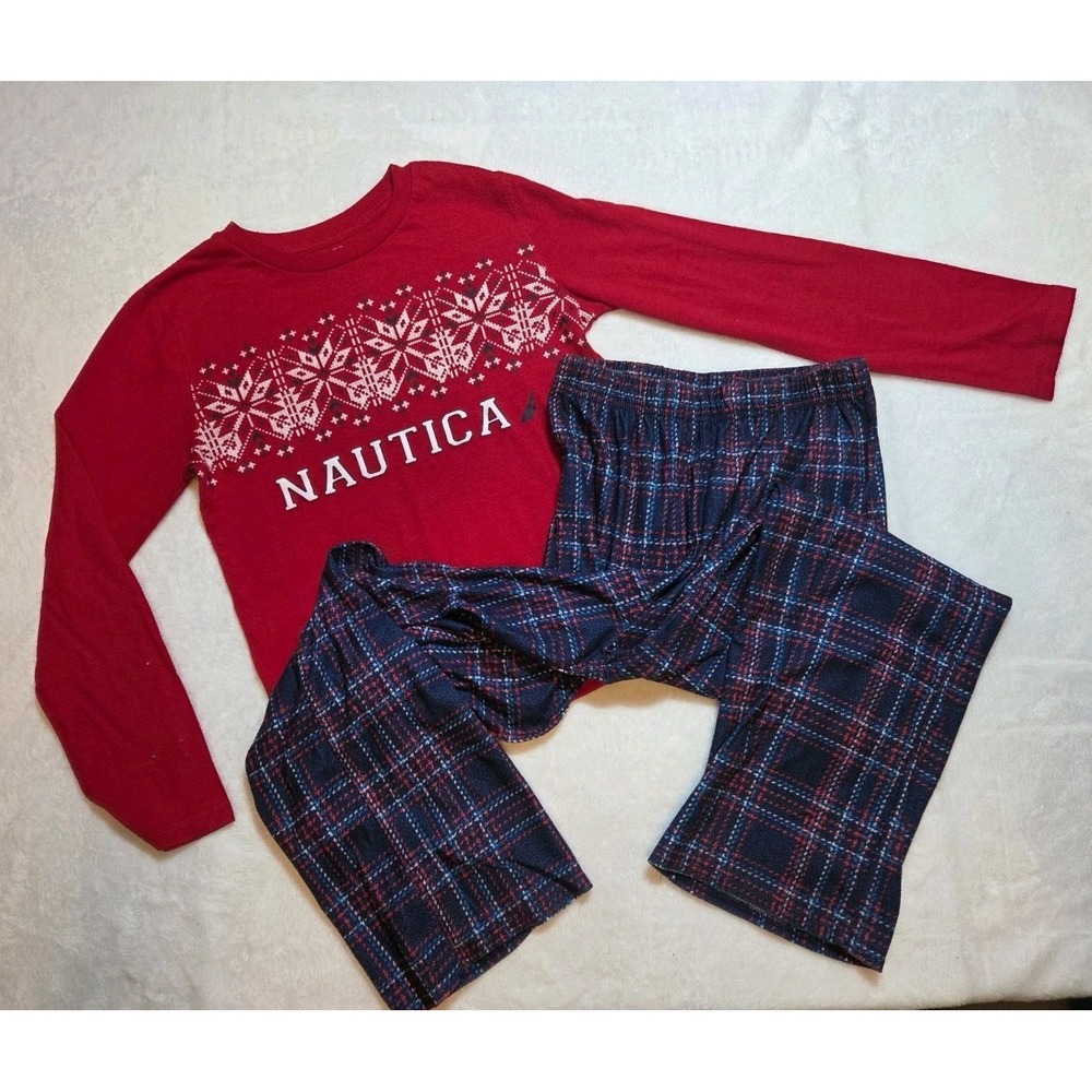 310 – Nautica Kids Pajama Set L 10/12 Red Snowflake Plaid 2 Pc Holiday